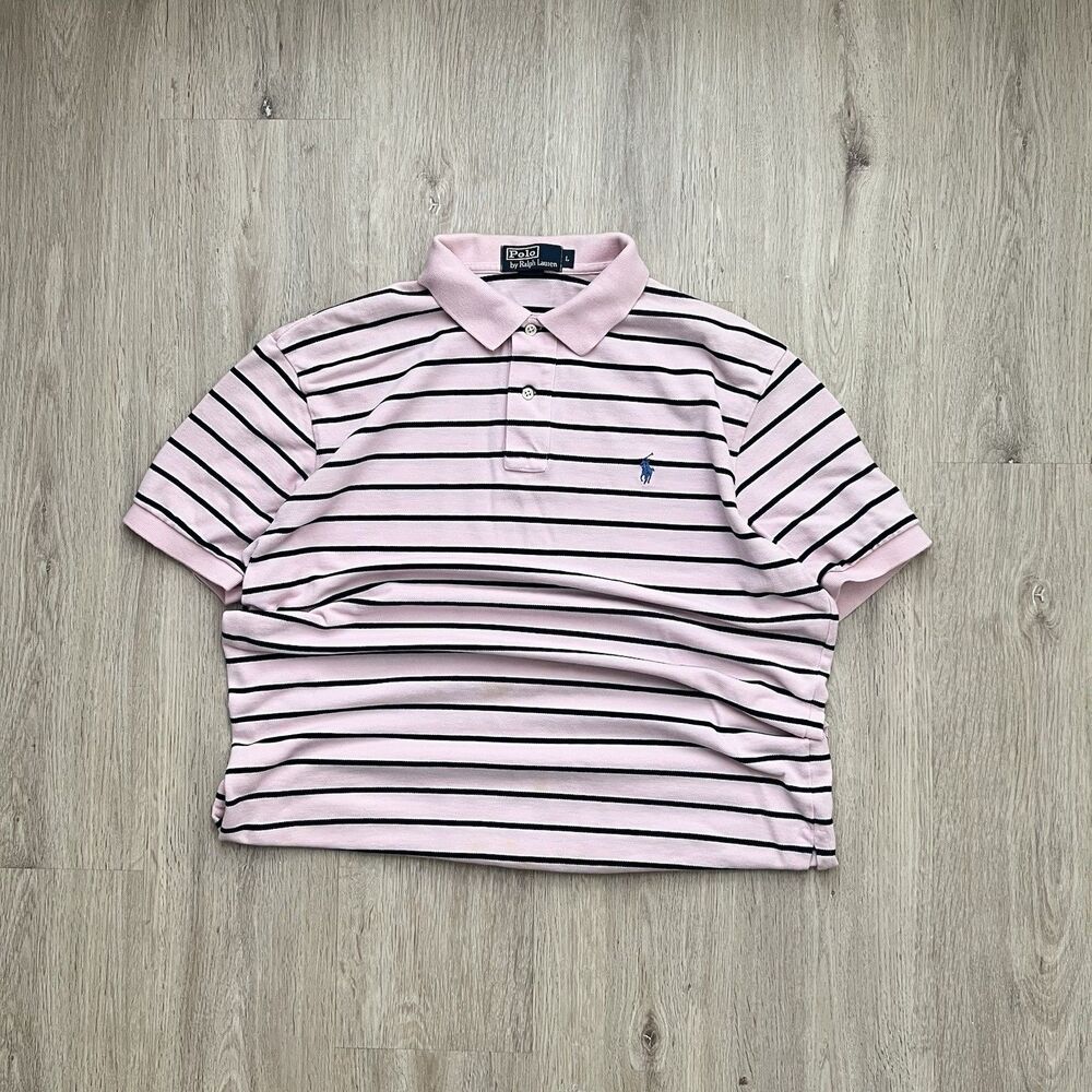 Vintage Polo Ralph Lauren Polo Shirt Mens L Pink Black Striped Short Sleeve